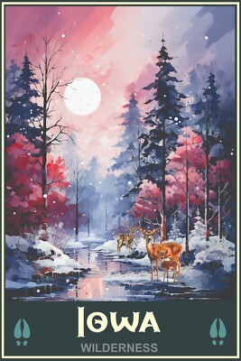 Iowa Wilderness Winter Scene Snow Deer Art Travel Poster 16 x 24 Wildlife