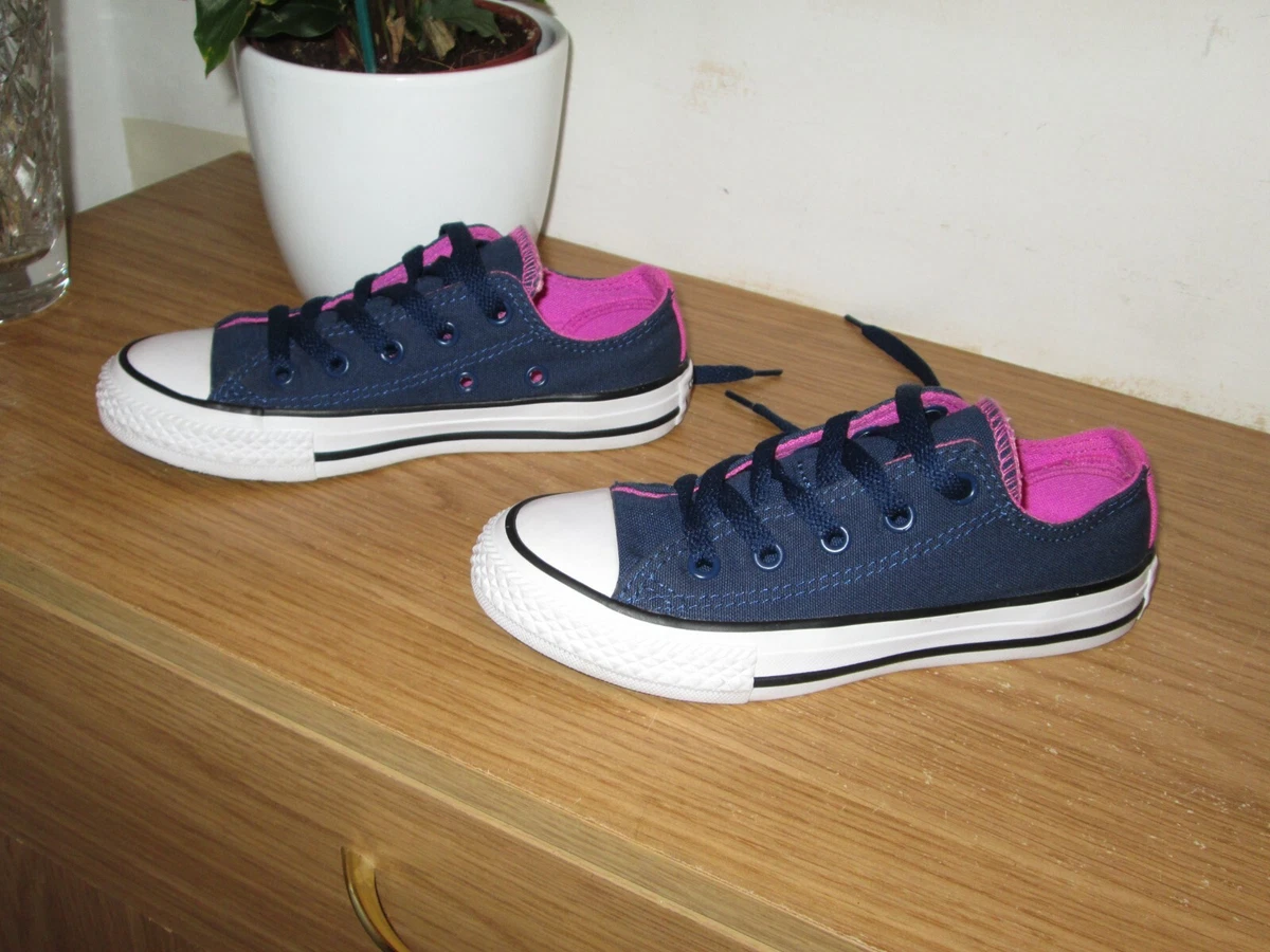 Kids Girls Boys Navy Blue Double Tongue Converse Low Top Shoes
