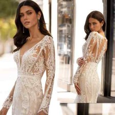 Boho Lace Mermaid Wedding Dresses Long Sleeve V-Neck Illusion Back Bridal Gowns