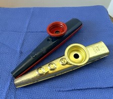 Vtg Kazoos Red  Silver Metal Musical Instrument Kazoo Co. Vintage Made Eden, NY
