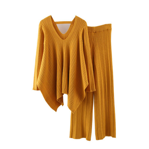 Damenmode Plissee Strick unregelmäßig V-Ausschnitt Oberteil weites Bein Hose Pullover Anzug - Bild 5 von 31