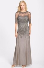 Adrianna Papell Embellished Illusion Yoke Mesh Gown Dress Sz 2 Leads