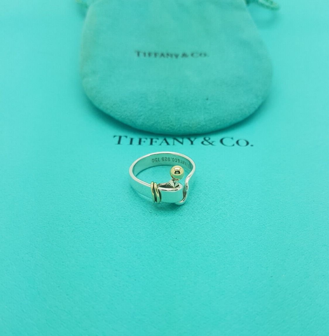 Tiffany & Co Silver 18K Yellow Gold Knot Hook Eye Ring size M 1