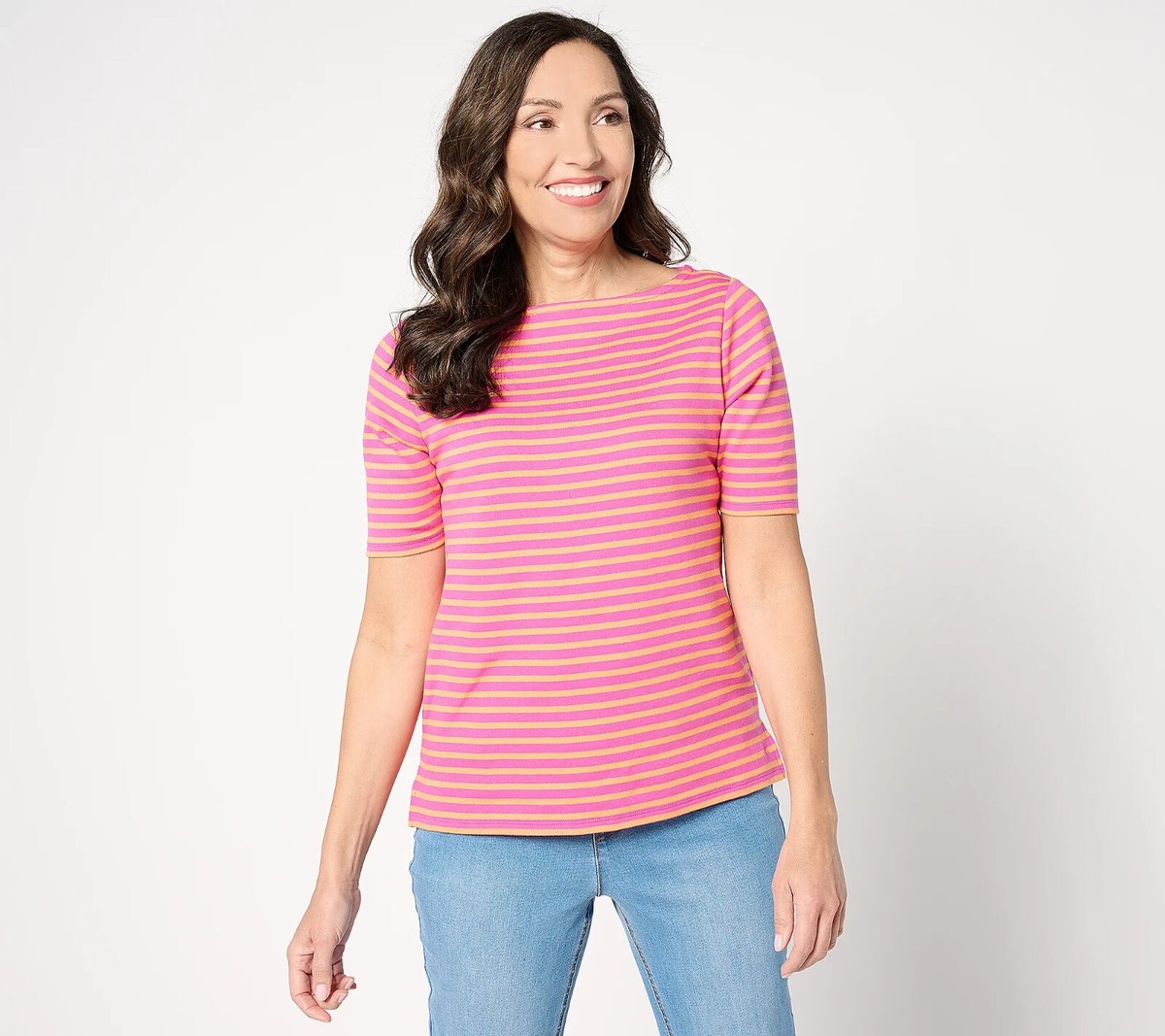 Isaac Mizrahi Live! Essentials Yarn Dye Stripe Boat Neck Top Pink