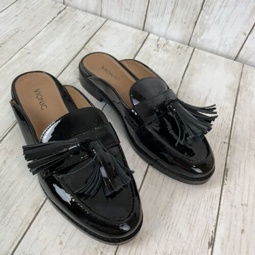 Vionic Shoes Sz 6 Black Patent Leather Reagan Comfort Tassel Mules Slides