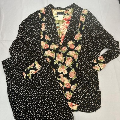 Vintage Carole Little Suit Set Womens 4 Black Floral Rayon Crepe Beaded USA 90s