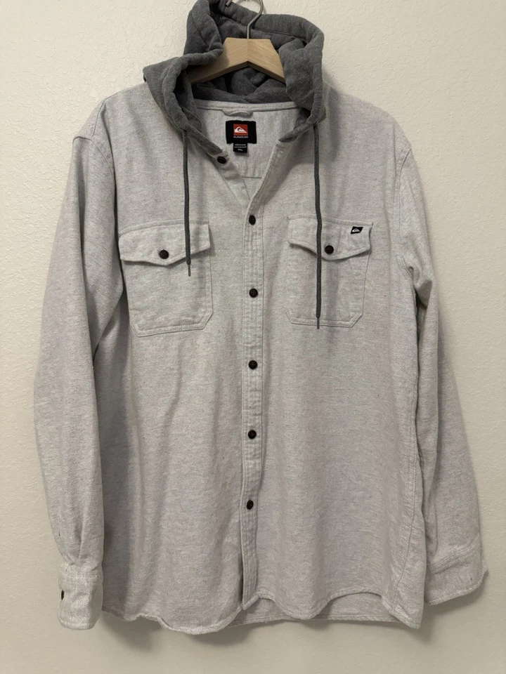 Men’s Quiksilver Hooded Button-Up Flannel Shirt Jacket – XL – Oatmeal - Image 2 of 4