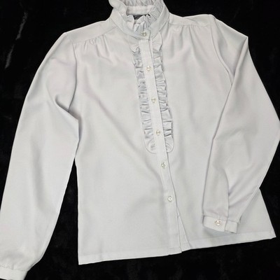 Dova Ruffle Blouse Womens 10 Light Blue Vintage High Neck Tuxedo Top EUC