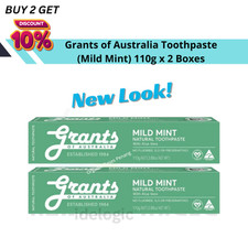 2x Grants Mild Mint Toothpaste 110g Natural Aloe Vera Fluoride-Free Vegan