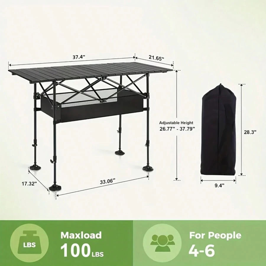 Outdoor Folding Camping Table, Aluminum Roll-Up w/ Bag for Picnic/Beach/Party