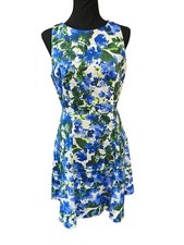 Milly Pleated Dress Blue Green Fit Flare Floral Algodon Elegant Size 8