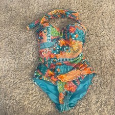Into the Bleu One Piece Swimsuit Sz 10 Tropical Floral Ruched Halter NWOT