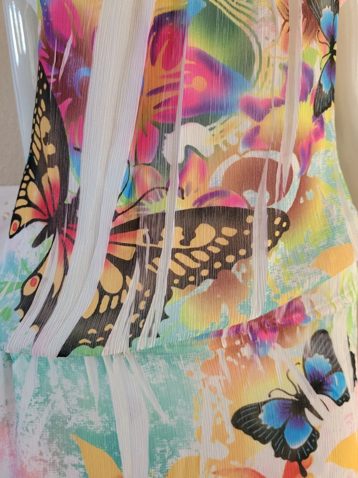 VTG Y2K Double Zero Rainbow Butterfly Top Size Medium sheer tunic tie straps - Image 4 of 4