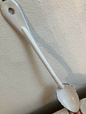 VTG White Enamelware Spoon Enamel Farmhouse Decor Rustic Long Handle 13''