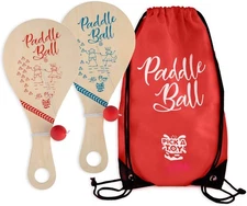 Wooden Paddle Ball (Set of 2) with Red Carry Bag Indoor Outdoor Toy: Fun and Cla
