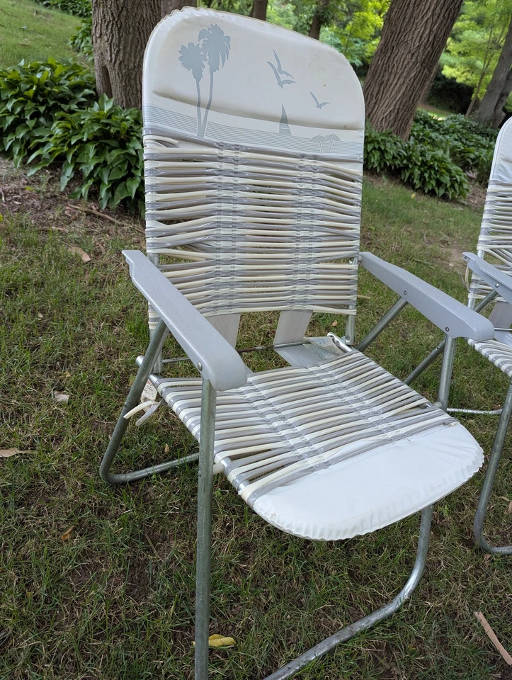Par de cadeiras de gramado dobráveis vintage estrutura de metal webbed pátio externo praia palmeira - Imagem 4 de 4