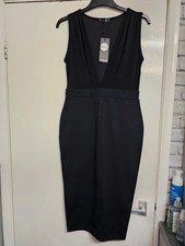Boohoo Night Black Plunge Midi Dress - Pleated Bodice & Waist - Size 12 - New