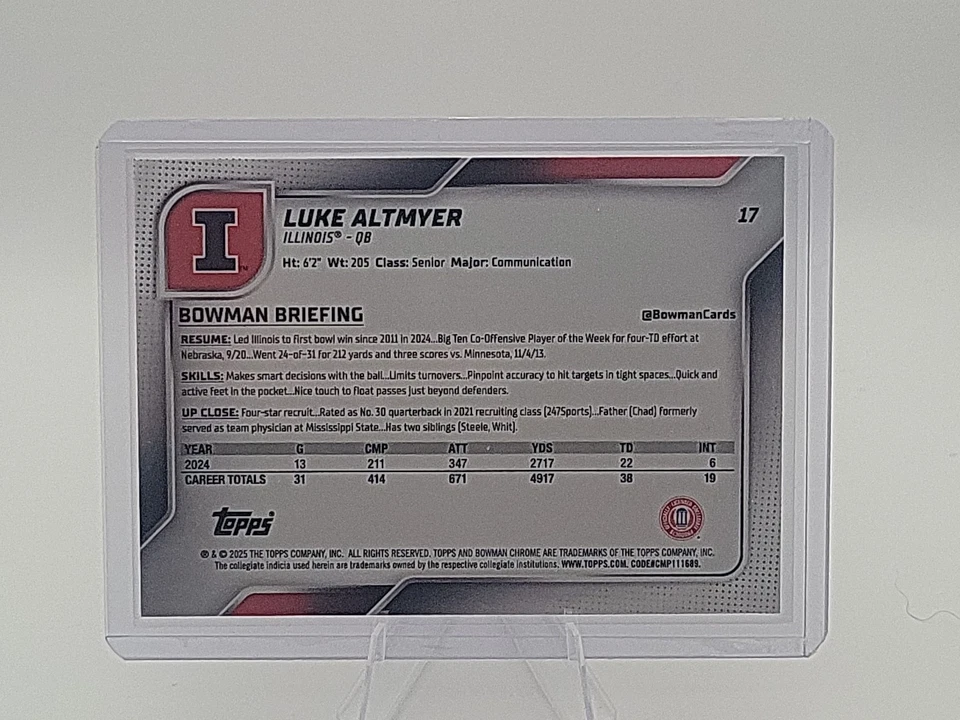 2025 Bowman Chrome U #17 Fuschia Refractor Luke Altmyer /225 Illinois - Image 2 of 2