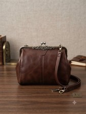 Vintage Brown Leather Kiss Lock Frame Handbag Crossbody Bag Boho Clasp Victorian