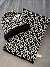 Michael Kors MK Womens Black and White All Over Print Logo Beanie and Scarf