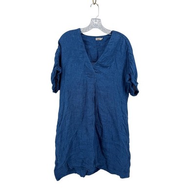 Faherty Linen Dress Womens Medium Blue Indigo Dyed V-Neck Short Sleeve Pockets