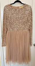Maya Deluxe Women 10 Sequin Tulle Dress Champagne Long Sleeve Party Wedding Glam