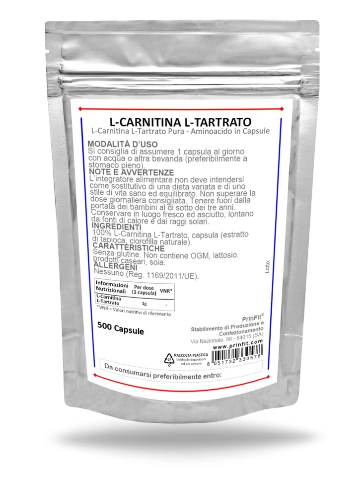 500 Capsule Pura Carnitina Tartrato 1 grammo - Brucia Grassi Dimagrante PrinFit - Immagine 3 di 3