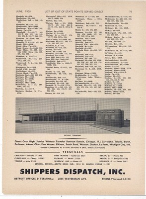 1950 Shippers Dispatch Trucking Service Ad: Detroit Terminal Pic + Others List