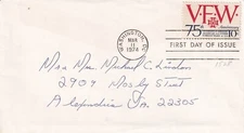 STAMP US SCOTT 1525 "VFW Emblem" 10 CENT 1974 FDC - E