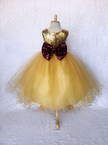 Sleeveless Mini Sequin Gold 2 Layer Tulle Junior Dress Wedding Flower Girl Party - Picture 4 of 35