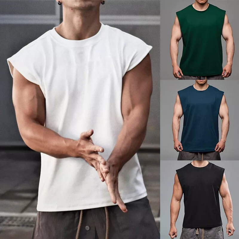 Men Cotton Blend Broad Shoulder Vest Casual Loose Workout Sleeveless Shirt  Tank/