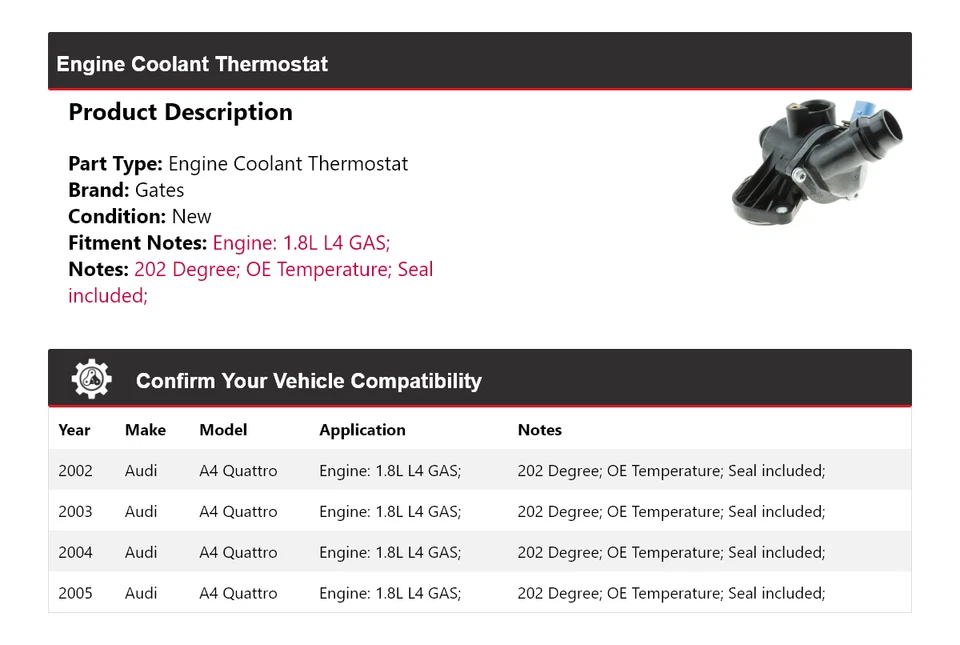 Para 2002-2005 Audi A4 Quattro 1.8L L4 GAS motor refrigerante termostato portões 2003 - Imagem 2 de 4