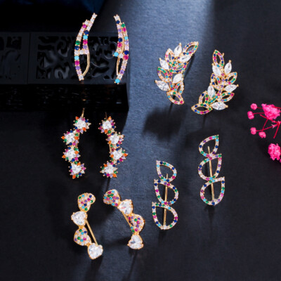 Yellow Gold Plated CZ Ear Cuff Climbing Feather Angle Wing Hook Stud Earrings