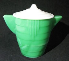 Vtg Doll size Akro Agate Green Glass White Covered Teapot Shorter Version