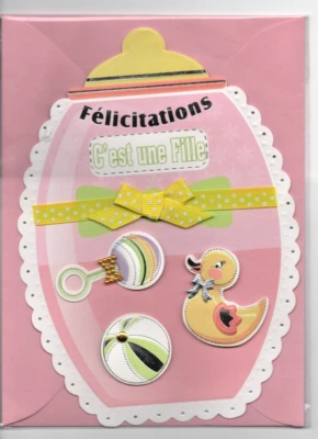 Carte Félicitations Naissance.Fille. Rose.gros biberon.18,5 cm x 13 cm. - Photo 1/2