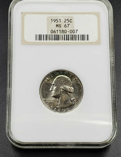 1951 P 25C Washington Quarter Coin NGC MS67 GEM BU OFH Old Fat Holder Neat toner