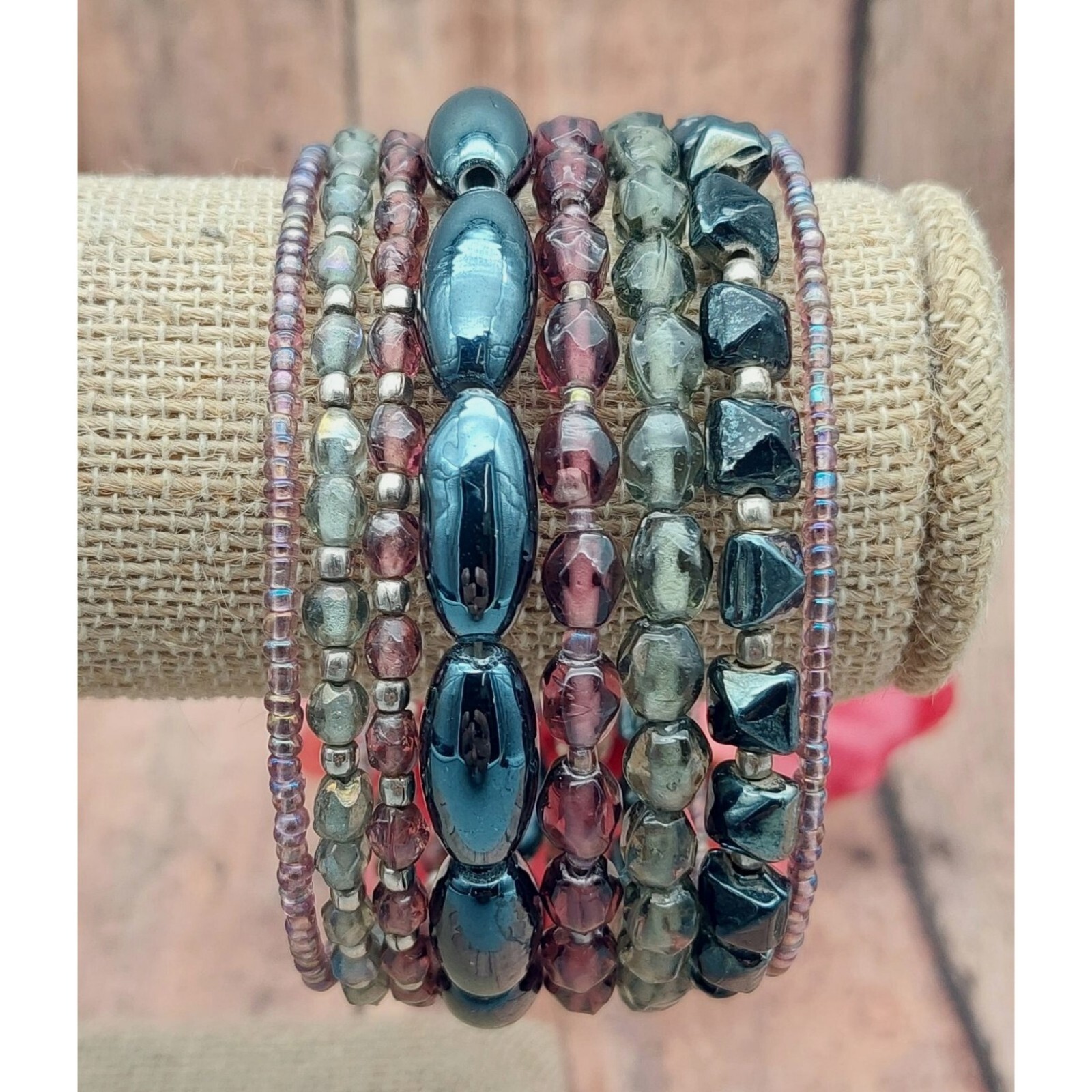 Boho Beaded Memory Wrap Bracelet Multi Strand Pur… - image 2