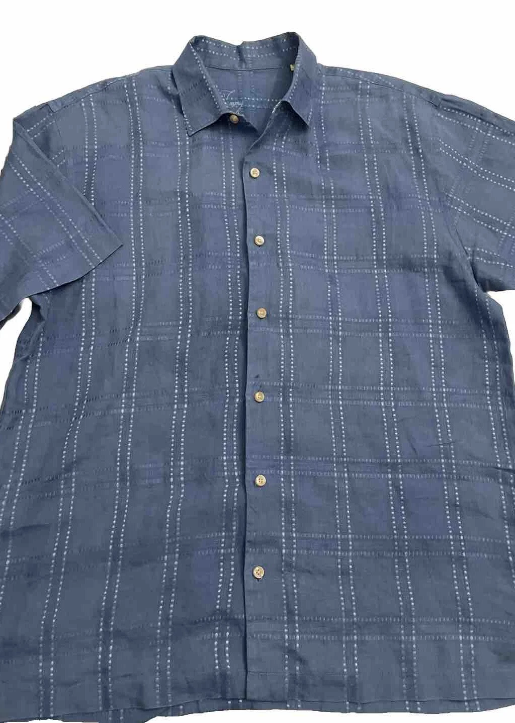 TOMMY BAHAMA Blue 100% Linen Button Front S/S Windowpane Plaid Hawaiian Shirt L