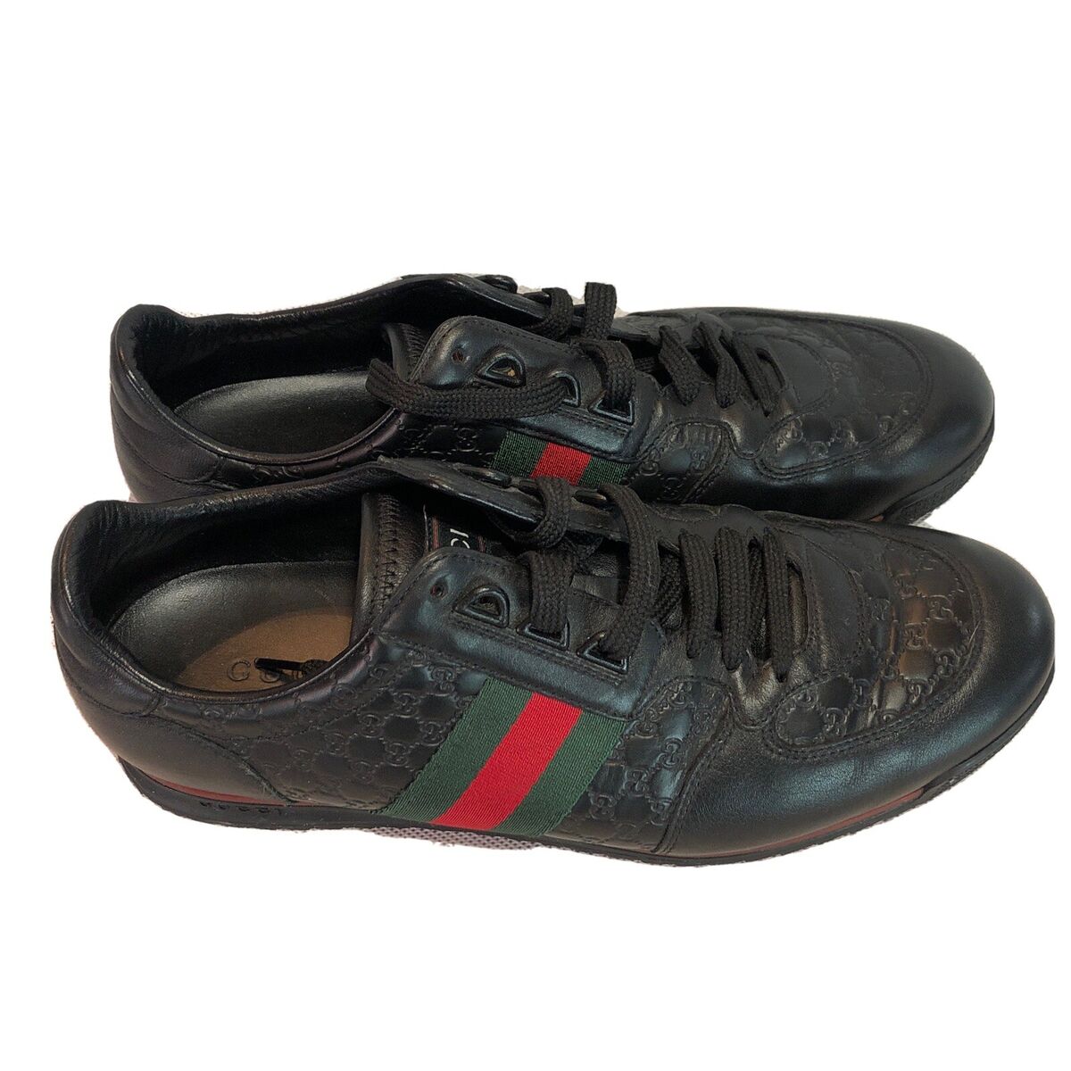 Gucci Micro Guccissima Black Leather Web Sneakers Shoes Men 233334 Gucci  Size 8