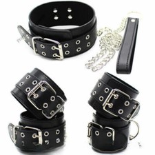 Unisex Leather Handcuffs Ankle Cuffs Adjustable Neck Collar Restraint Slaves