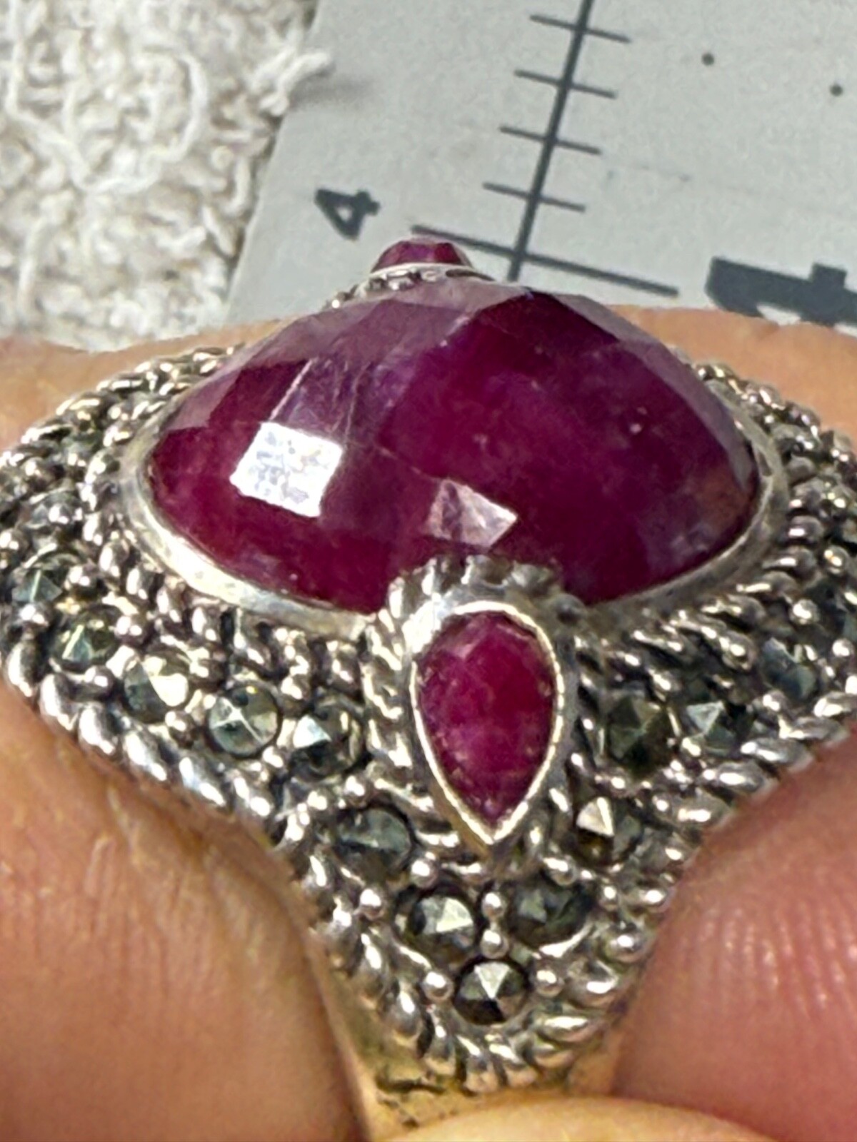 Sterling Silver Ring Marcasite & Composite Ruby-T… - image 2
