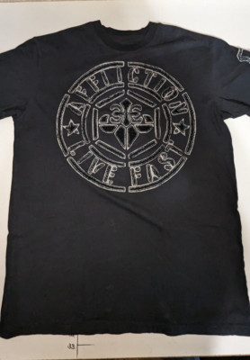 Affliction T-shirt, live fast patches embroidered denim,  Large.