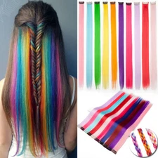 US 10Pcs/Set Clip On Hair Extensions Colorful Long Hair Party Rainbow Muti Color