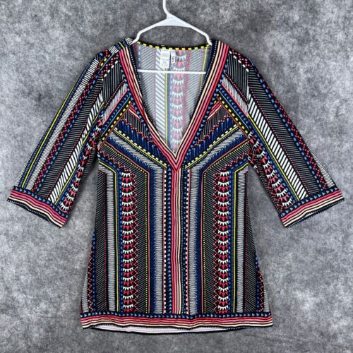 Bar III Vessi Cover Up Swim Summer Dress Tunic Size Medium Boho Geo Print Shirt