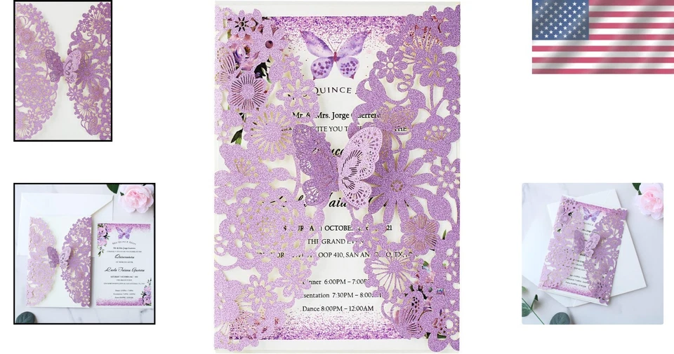 Exquisitas tarjetas de invitación de mariposa floral púrpura de 50 piezas con sobres y sellos Foto 2 de 4