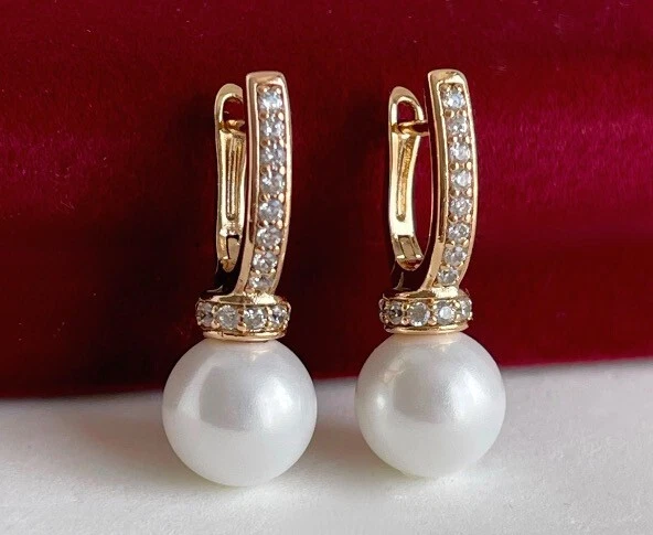 Luxus Perlen Ohrringe Creole Perle Zirkonia Rolled Gold 18K vergoldet Damen 26mm - Bild 4 von 4