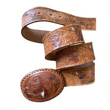 VINTAGE NATIVE AMERICAN HAND TOOLED LEATHER BELT  EMBROIDERED BUCKLE Western