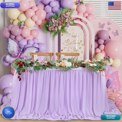 QueenDream 14ft Lavender Chiffon Table Skirt for Rectangle Tables