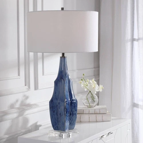Traditional Table Lamp 31" Tall Indigo Blue Glaze Ceramic Drum Shade Living Room - Picture 1 of 7
