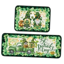 St Patricks Day Kitchen Rugs Set of 2, Non-Skid Washable Gnome Shamrock Clover